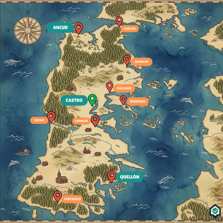 Mapa ilustrado de ruta de 3 días por Chiloé