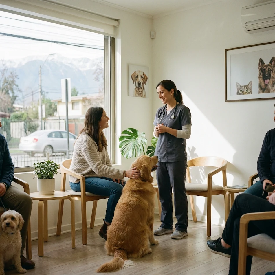 Veterinaria profesional atendiendo a un perro en una clínica moderna