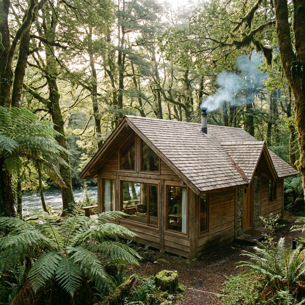 Cabaña de madera en bosque nativo zona lacustre