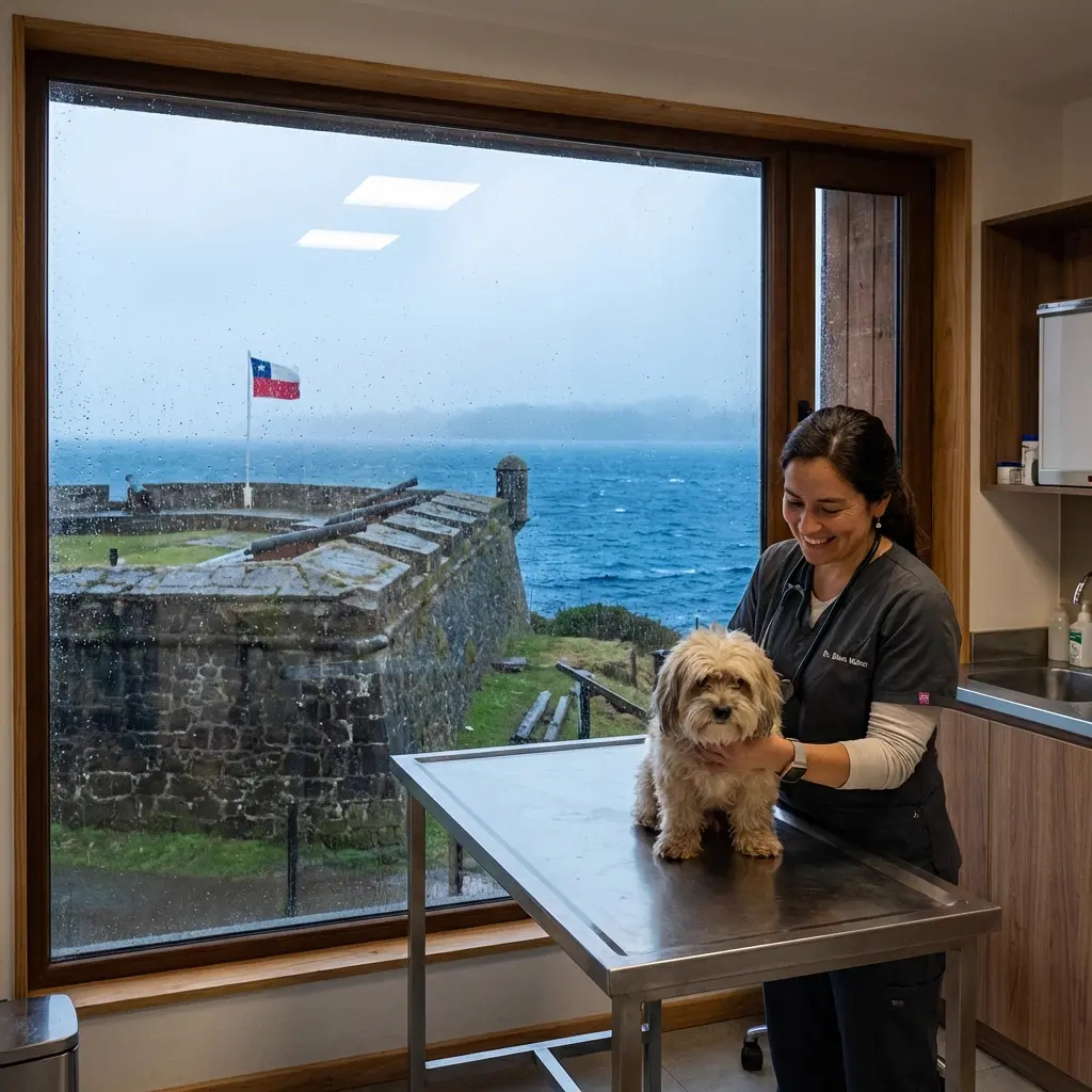 Veterinaria en Ancud atendiendo un perro con el Fuerte San Antonio de fondo