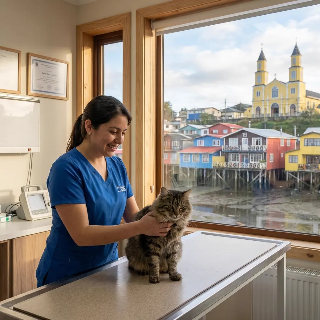 Veterinaria en Castro examinando un gato con los palafitos y la iglesia de fondo