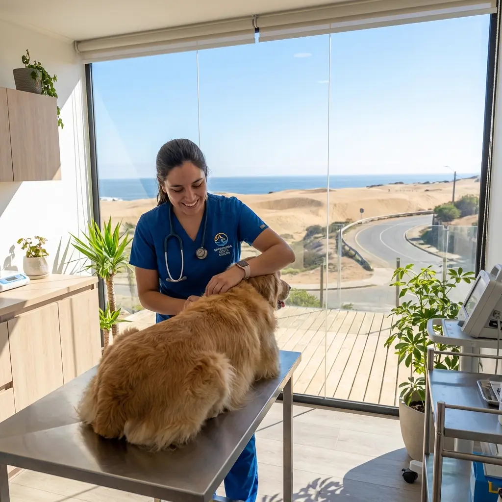 Veterinaria en Concón cuidando a un Golden Retriever con las dunas de fondo