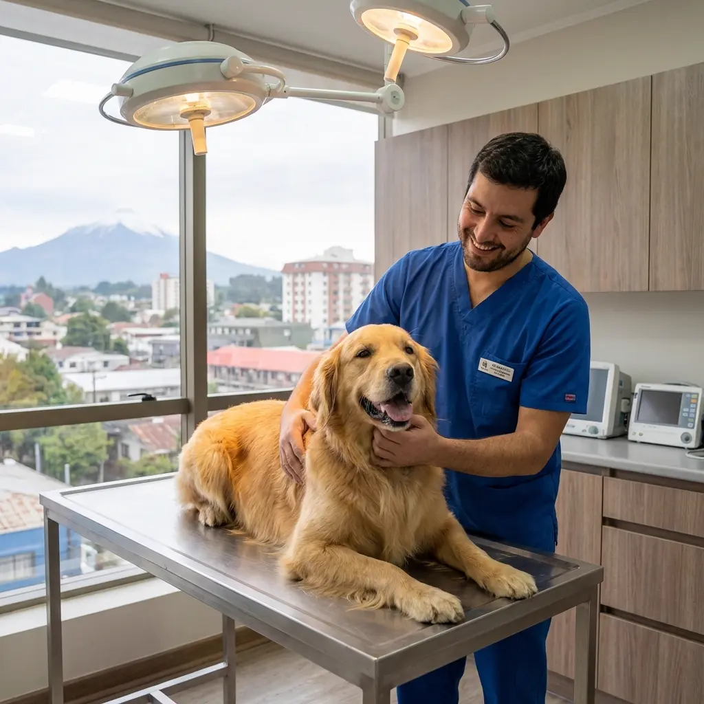 Veterinario en Osorno examinando un perro Golden Retriever