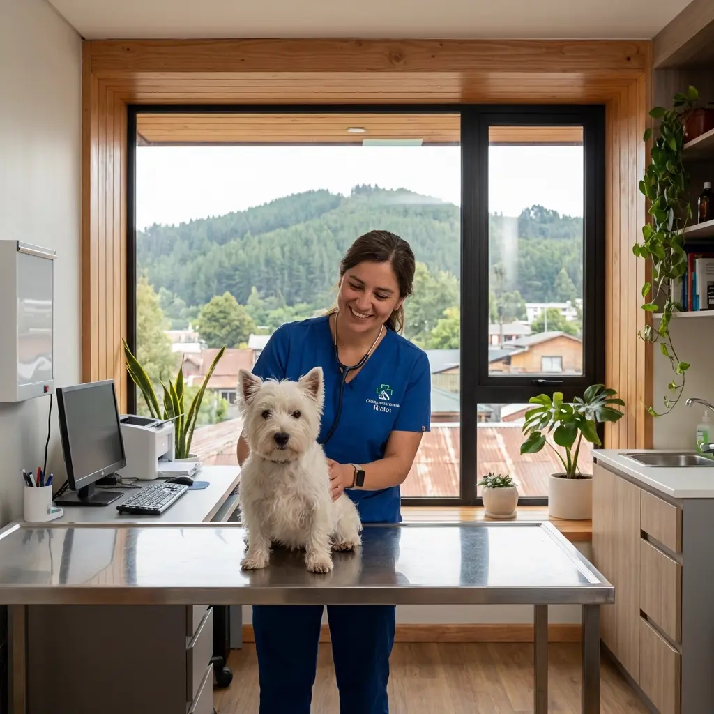 Veterinaria en Temuco cuidando a un perro White Terrier con el Cerro Ñielol de fondo